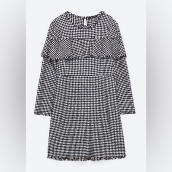 Zara Ruffle Top Tweed Classic Houndstooth Flare Dress XS - Picture 2 of 14